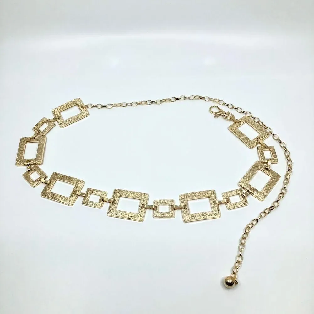 Y2K Geometric Gold Textured Square Link Chain Belt, Up to 44 Inches, X7GA1140